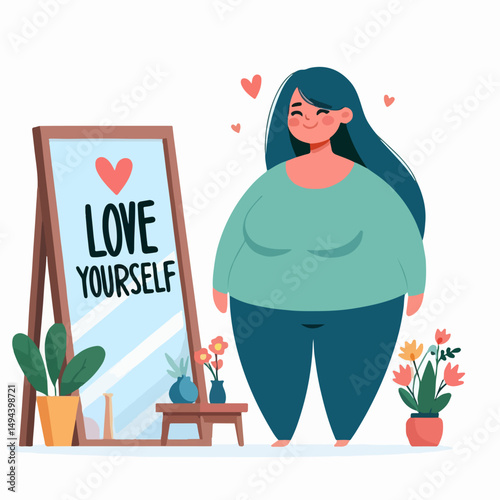 A vector of a plus-sized woman smiling in front of a mirror with the text 'Love Yourself'.