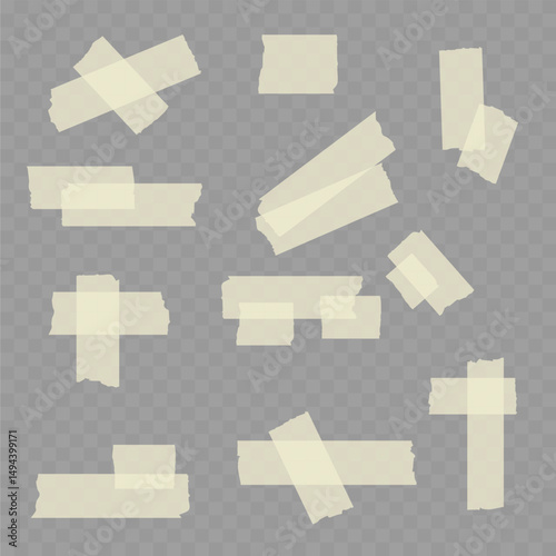 Realistic Set of Beige Adhesive Tape Pieces on Transparent Background. Vector