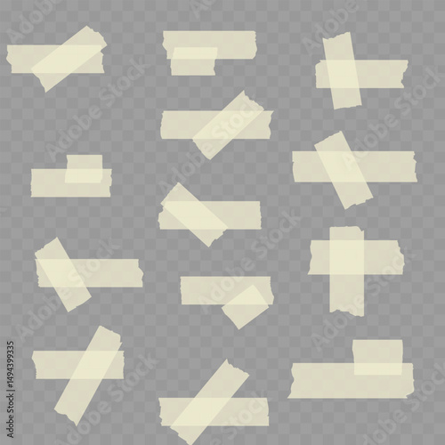 Realistic Set of Beige Adhesive Tape Pieces on Transparent Background. Vector