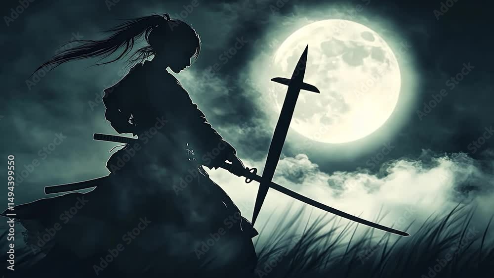 A samurai silhouetted against a blue sky, standing with sword in hand