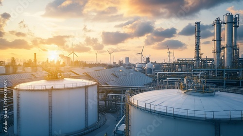 Panoramic view of a modern industrial complex blending traditional energy and renewable energy sources at sunset