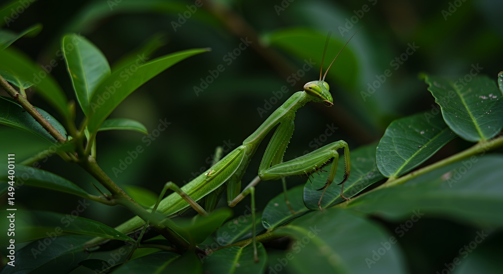 Green Praying Mantis on Lush Foliage: A Close-Up of Nature's Master of Camouflage Green Praying Mantis on Lush Foliage: A Close-Up of Nature's Master of Camouflage