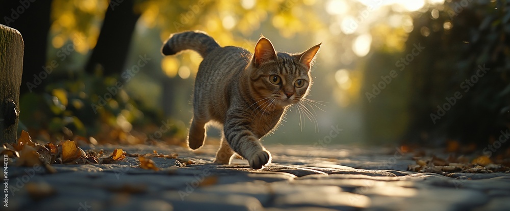 Obraz premium Tabby cat running on cobblestone path