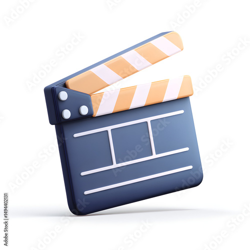 Film clapperboard icon design for movies, cartoon plastic-look look, isolated white background, high quality cartoon rendering, isolated on white background with simple 3d loo7 photo