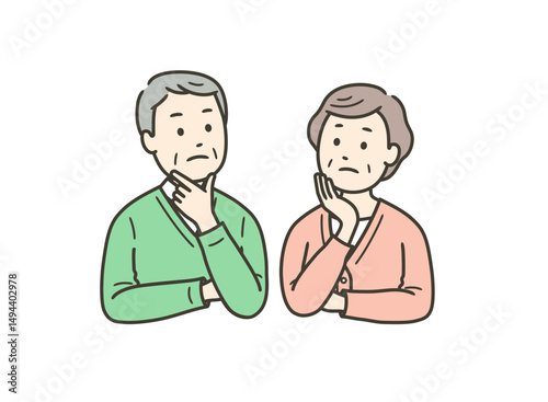 高齢男女の夫婦が悩んでいる上半身イラスト