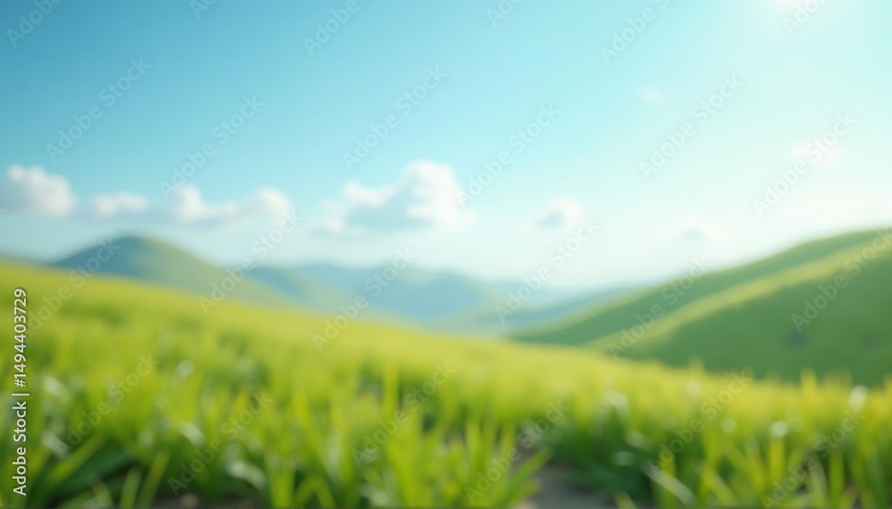 Fototapeta premium Serene, sunlit rolling hills blanketed in vibrant green grass fades softly into the light blue sky.