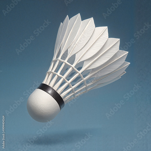 Shuttlecock in motion, artistic photography, white and blue background, minimalistic composition, copy space
