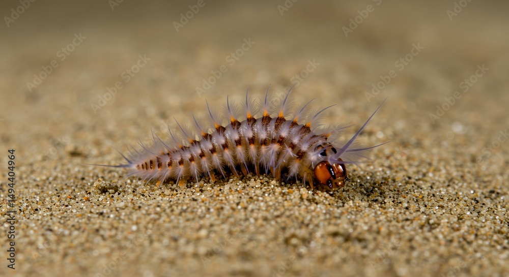 A Close-Up of a Fuzzy Caterpillar Crawling on Sand A Close-Up of a Fuzzy Caterpillar Crawling on Sand