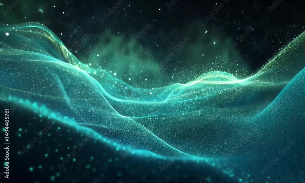  Abstract background with blue and green glowing lines, creating an atmosphere of futuristic technology or digital data flow. Abstract wave line design with bokeh effect for banner background