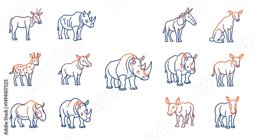 Stylized Outlines of African Animals Rhinos Antelopes and Donkeys