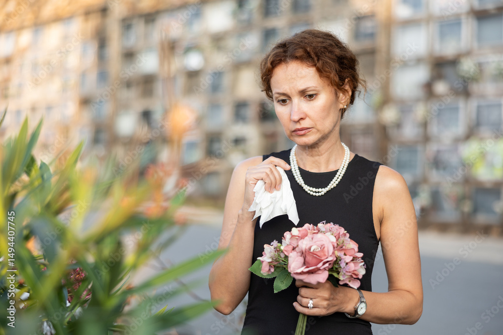 Fototapeta premium Upset woman in black dress, who lost loved one, brings flowers to a grave