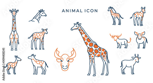 Linear Giraffe and Antelope Icons with Orange Details and Dark Blue Outlines
