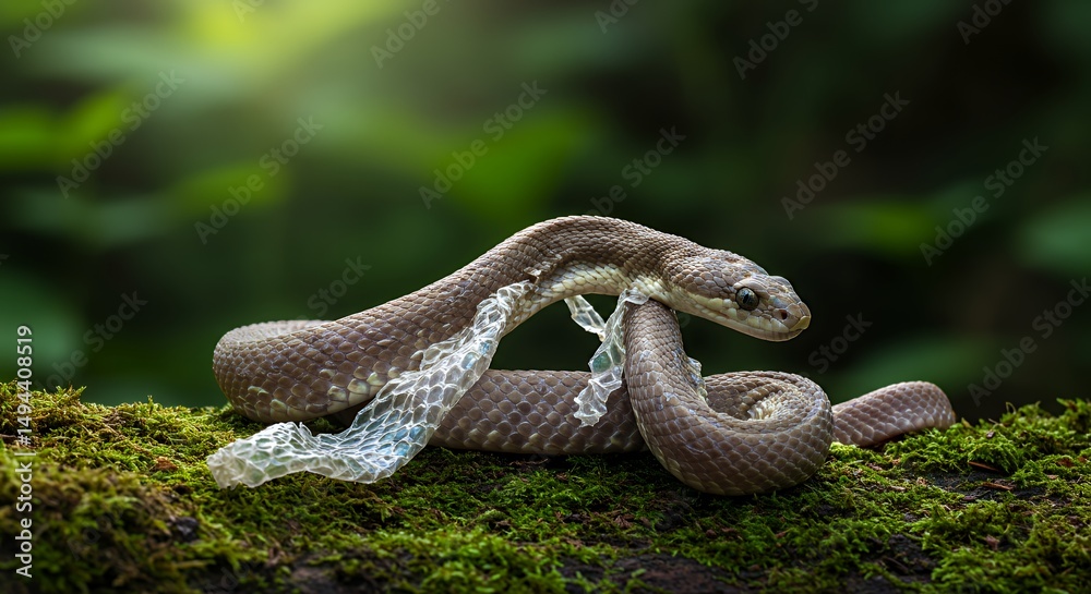 Fototapeta premium Snake Shedding Skin on Mossy Log
