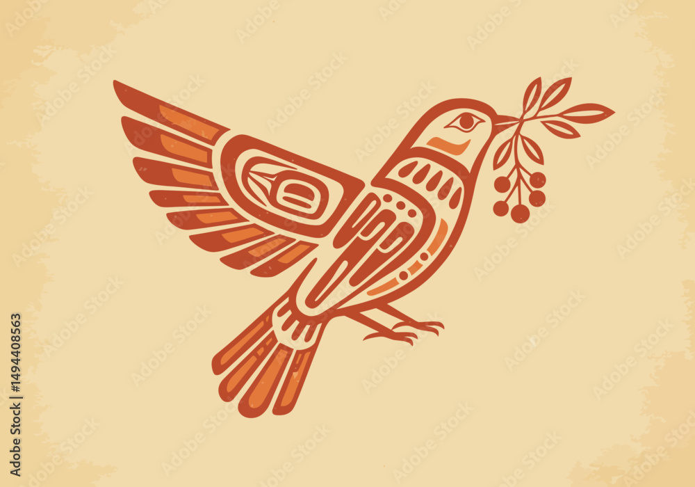 Fototapeta premium Ornate Indigenous Bird Design with Berries