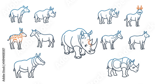 Outlined Rhinoceroses and Donkeys with Unique Markings and Horns in Various Poses