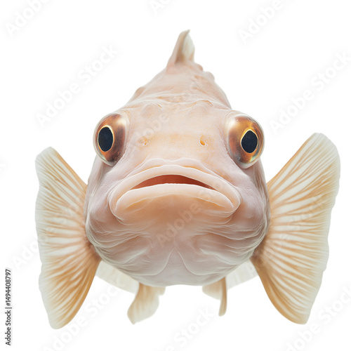 Front view of a realistic blobfish isolated on a solid white background, detailed stock photograph showcasing its unique, gelatinous texture and distinctive facial features in high resolution