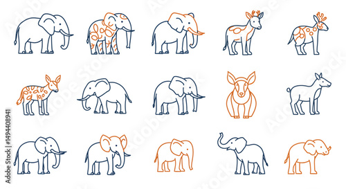 Stylized Elephant and Deer Line Art in Blue and Orange