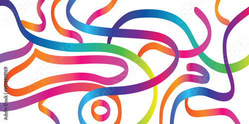 Gradient Lines with white background. Abstract Curve, Wave and Spiral Ribbons. Vector Rainbow Colored Pattern with 3D Shapes. Dynamic Celebration Illustration