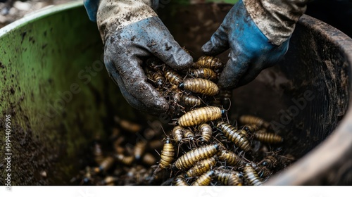Hands in Gloves Handling Mealworms in a Container photo