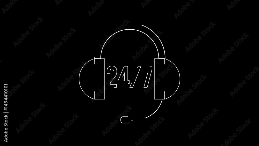 A business symbol, the appearance of a linear support icon, headphones with a microphone  on a black background. 4K