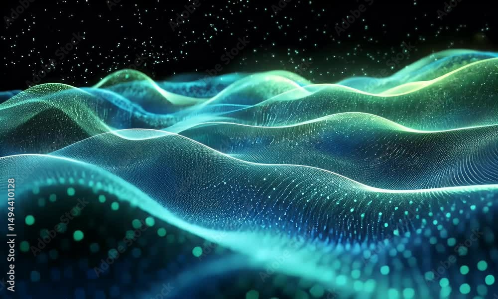  Abstract background with blue and green glowing lines, creating an atmosphere of futuristic technology or digital data flow. Abstract wave line design with bokeh effect for banner background