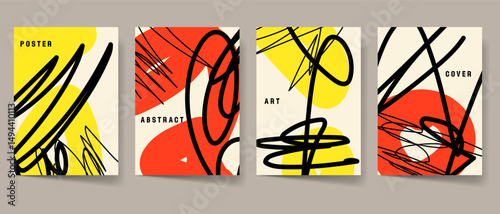 Modern abstract art cover template set. Maximalism poster collection. Red and yellow modern art for print. Scribble contemporary pattern graphics