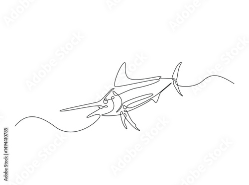 Marlin fish single outline illustration. Continuous line art drawing of marlin fish. Editable stroke.