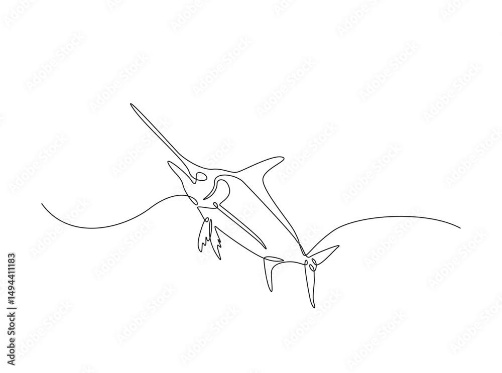 Obraz premium Marlin fish single outline illustration. Continuous line art drawing of marlin fish. Editable stroke.