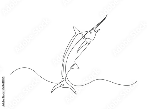 Marlin fish single outline illustration. Continuous line art drawing of marlin fish. Editable stroke.