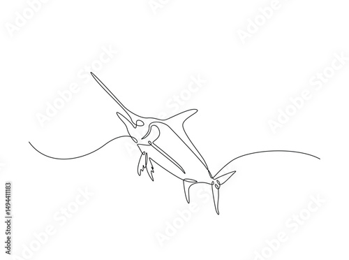 Marlin fish single outline illustration. Continuous line art drawing of marlin fish. Editable stroke.