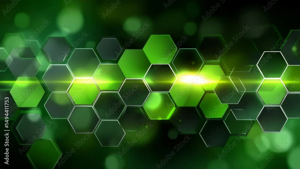 Abstract green hexagonal background with light effects and bokeh details for design.