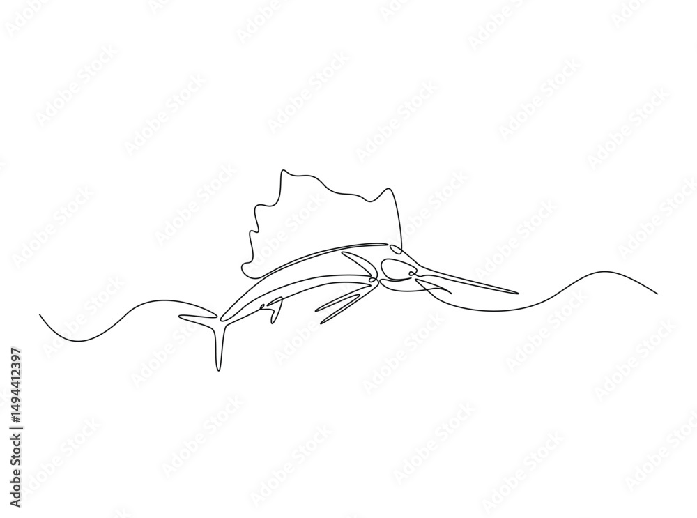 Fototapeta premium Marlin fish single outline illustration. Continuous line art drawing of marlin fish. Editable stroke.