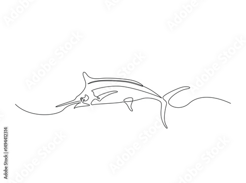 Marlin fish single outline illustration. Continuous line art drawing of marlin fish. Editable stroke.