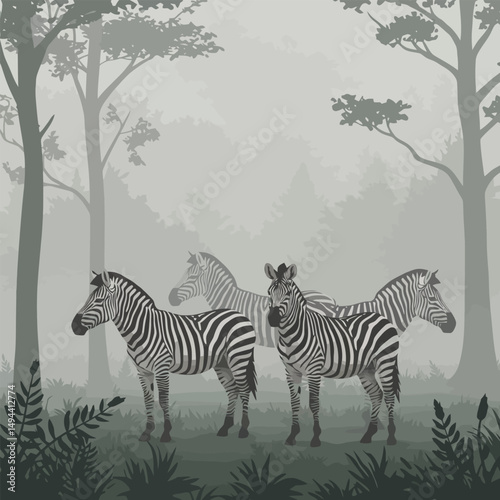 Zebras Standing Calmly in Dense Forest with Trees and Foliage