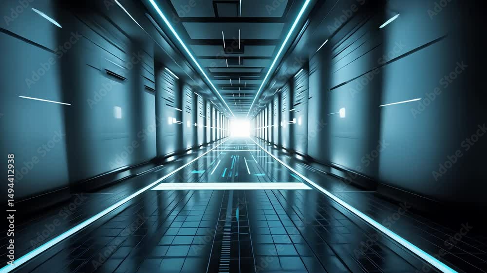 Futuristic neon-lit corridor with glowing blue lights leading to a bright exit in a sleek sci-fi spaceship or high-tech facility interior