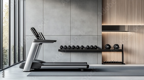 Sleek modern home gym interior with treadmill and dumbbell rack, promoting fitness