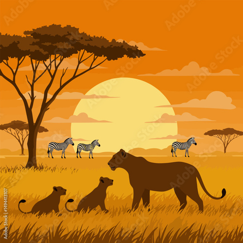 Lioness and Cubs Watching Zebras on African Savannah at Sunset