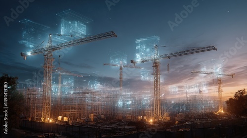 Futuristic construction site at dusk featuring cranes and holographic technology illuminating the urban landscape