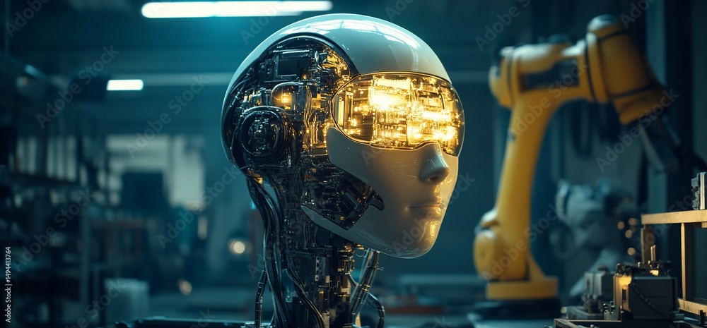 Fototapeta premium Futuristic humanoid robot head with internal glowing technology in workshop