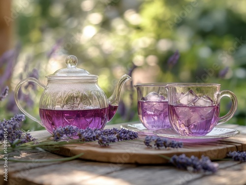 Vintage Teapots Pour Lavender Honey Tea in English Garden