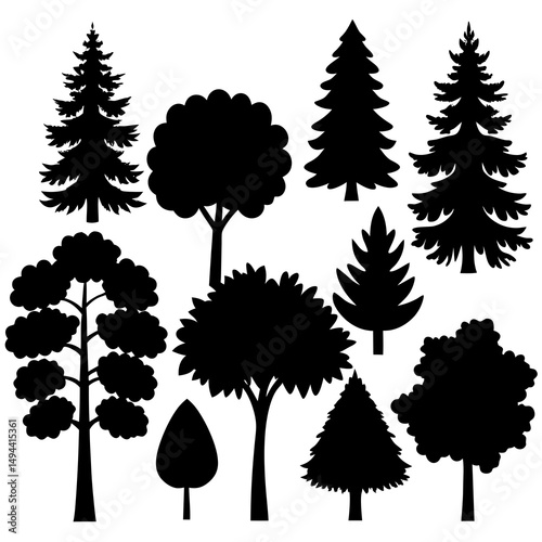 Collection of black silhouette trees and conifers