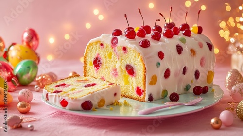 Easter Fruitcake with Marzipan and Colorful Fruit Toppings Traditional Festive