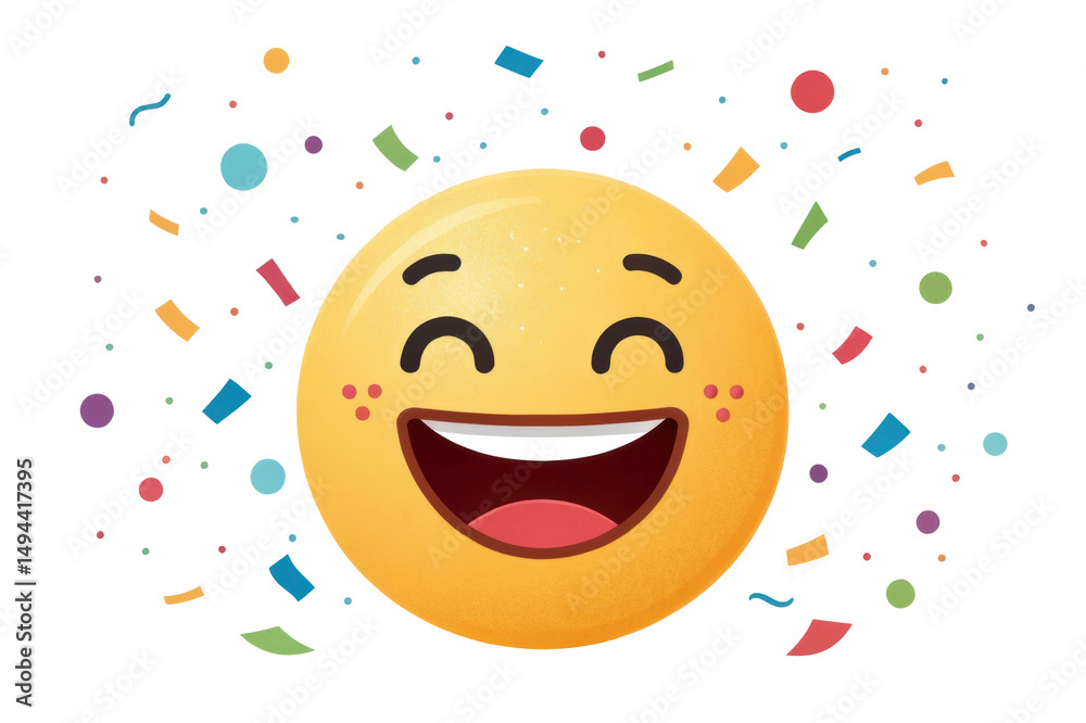 Naklejka premium PNG Happy smiling emoji face with colorful confetti celebration background