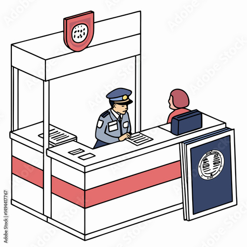 Police officer at station counter assisting citizen with paperwork