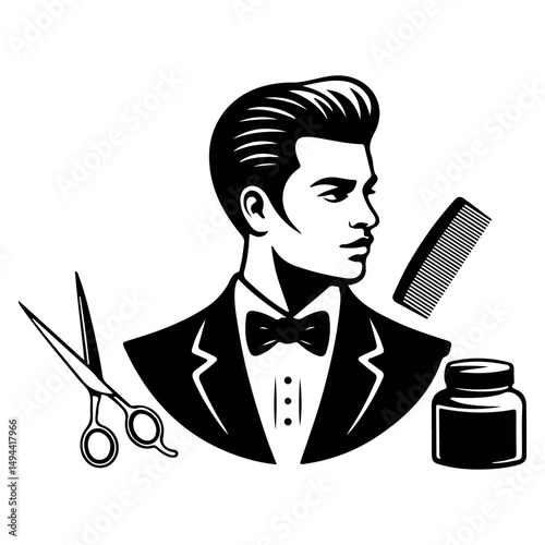 Barber Tools and Haircut Icon with Bearded Man Silhouette – Hairdressing Vector Illustration"