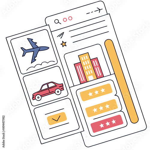 Online travel booking app interface airplane hotel car