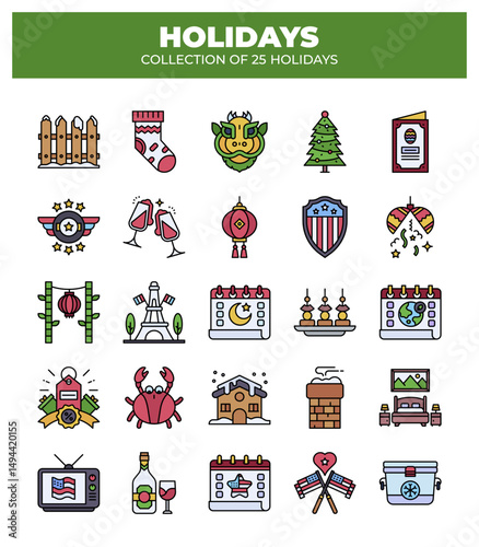 Collection of 25 Holidays. Festive Icons for Celebrations