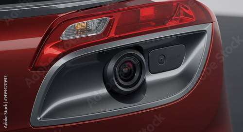 Close up of a red car's rear light with a camera and sensor integrated into the design element