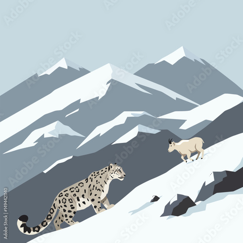 Snow Leopard Climbing Snowy Mountain with Goat Running Away Vector