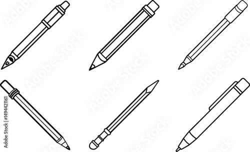 Set of pencil outline line art illustration, coloring book page